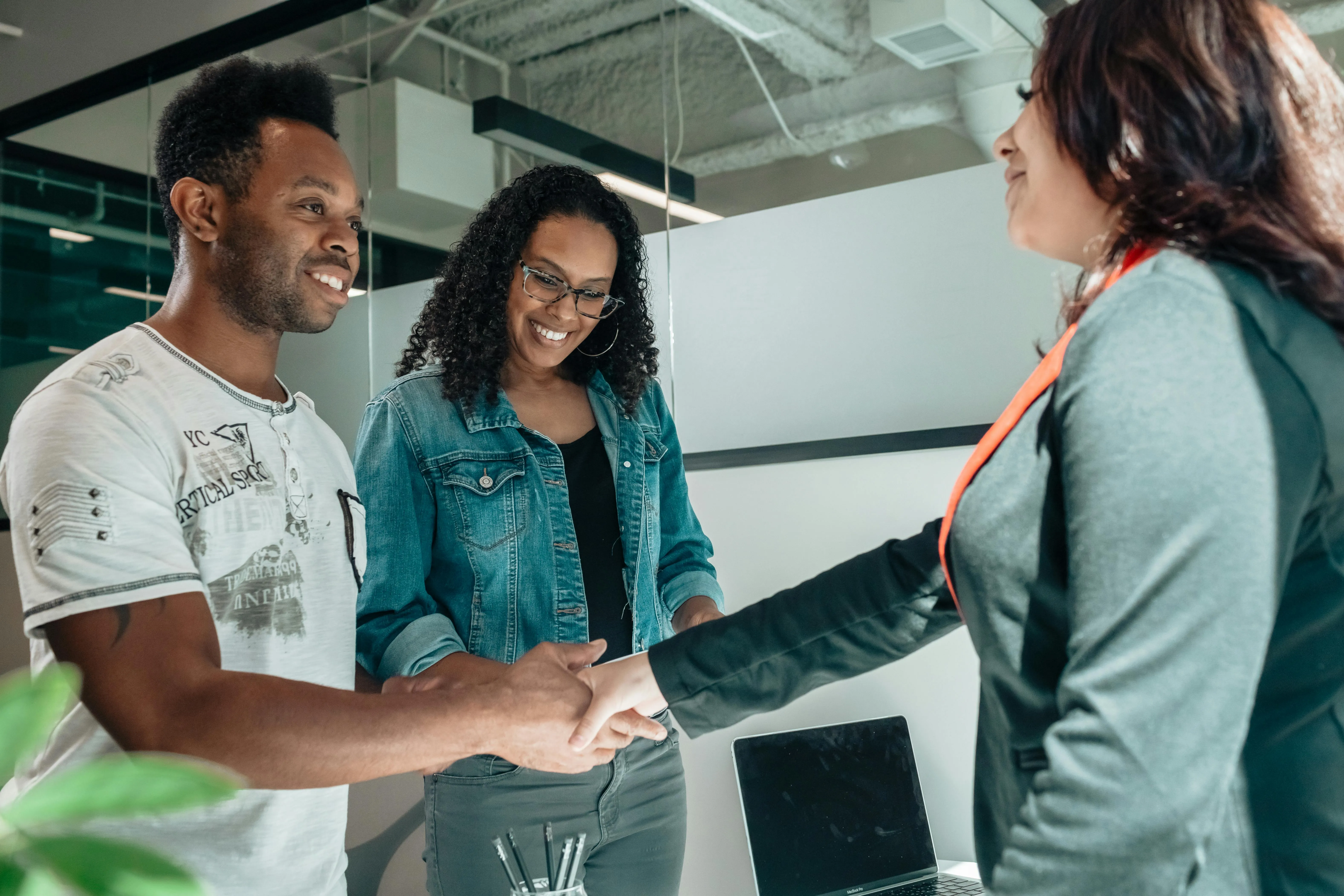 Client shaking hands with happiness